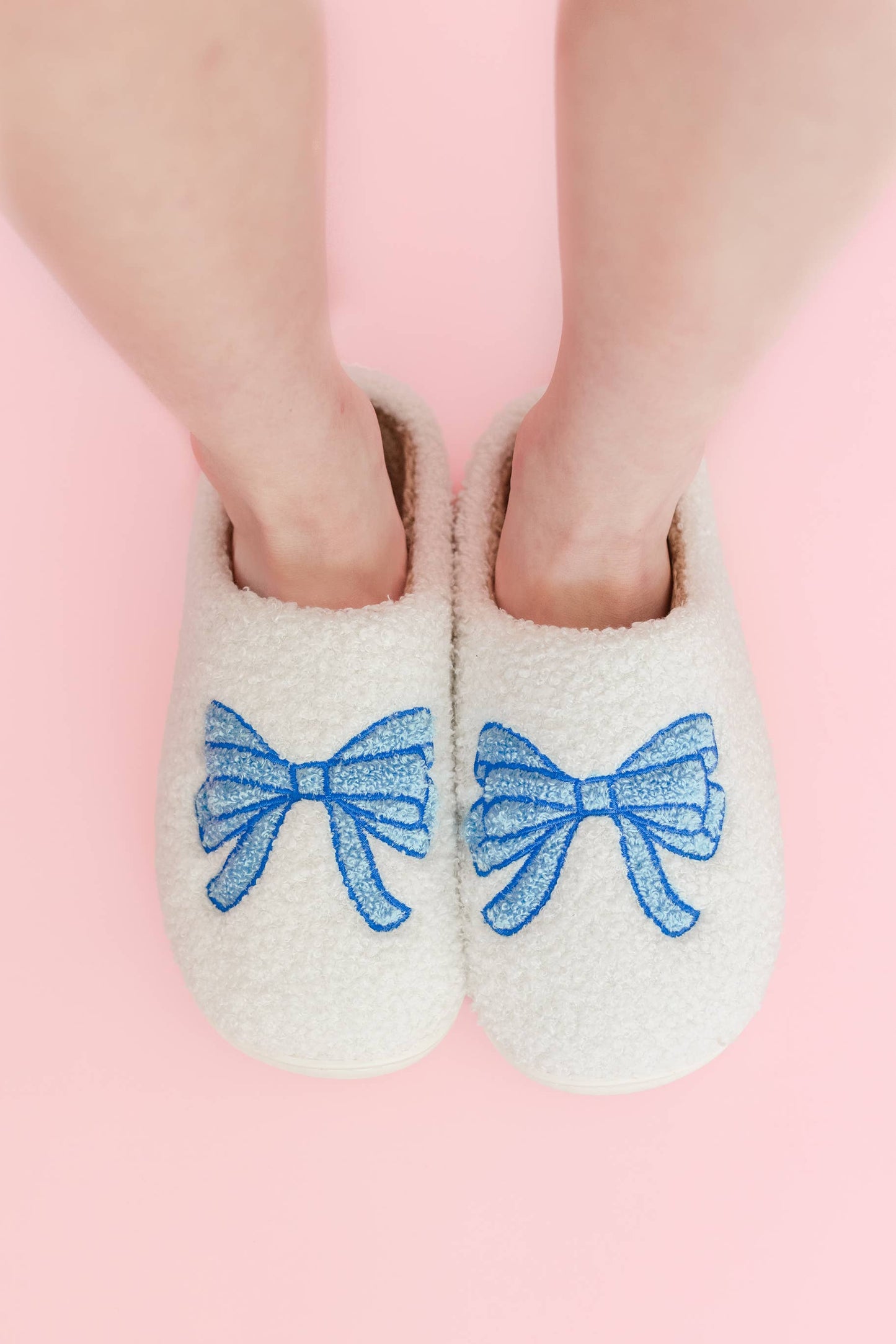 Fuzzy Plush Slippers with Blue Bow