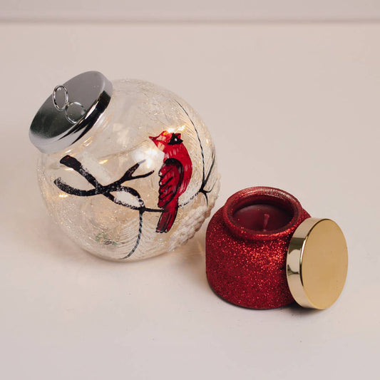 Snowy Cardinal LED Ornament & Holiday Homecoming Candle Gift Set