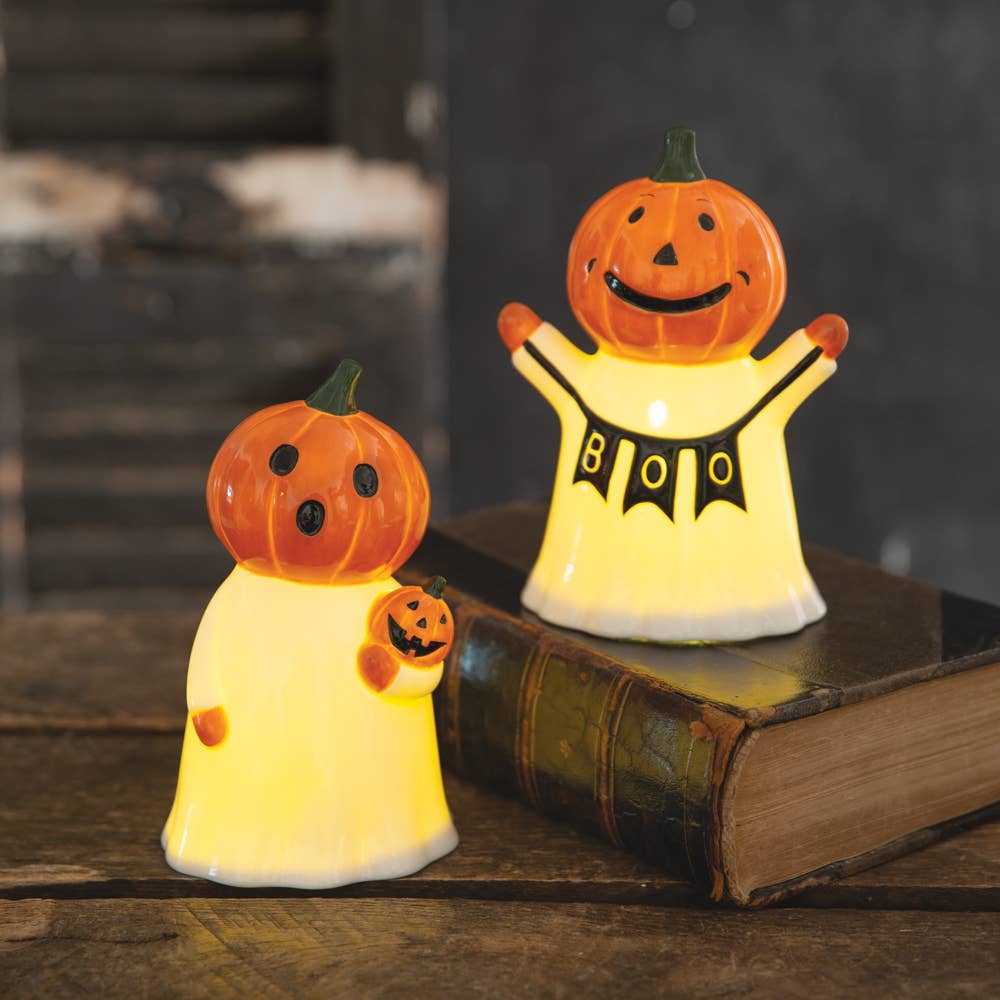 BOO Lighted Pumpkin Ghost Figurine