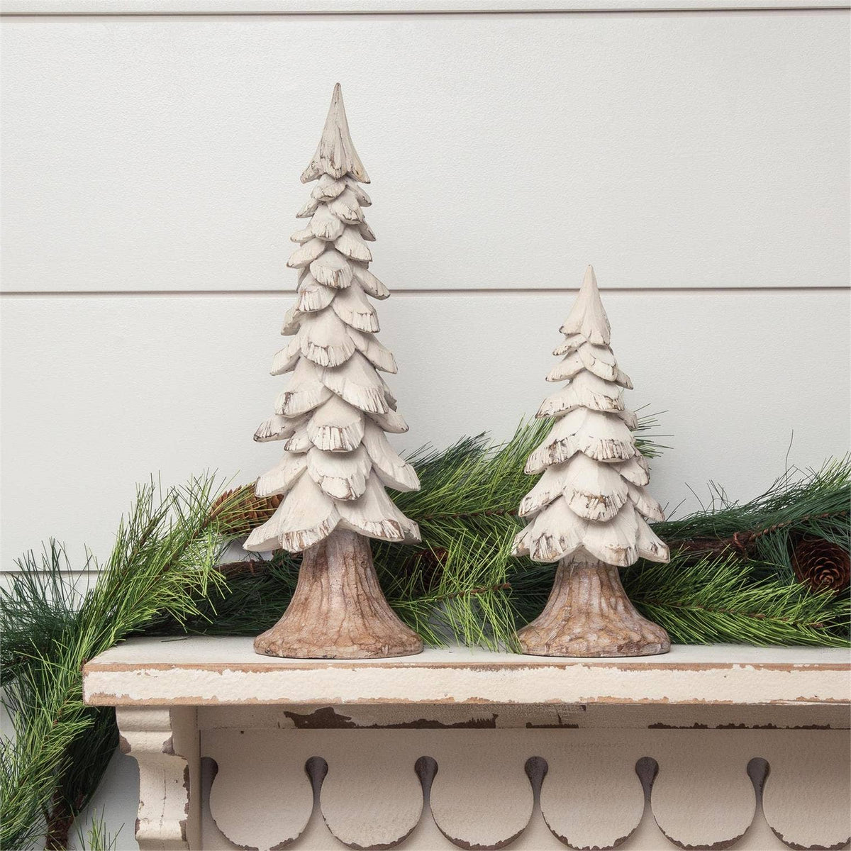 White Carved Pine Trees (set of 2)