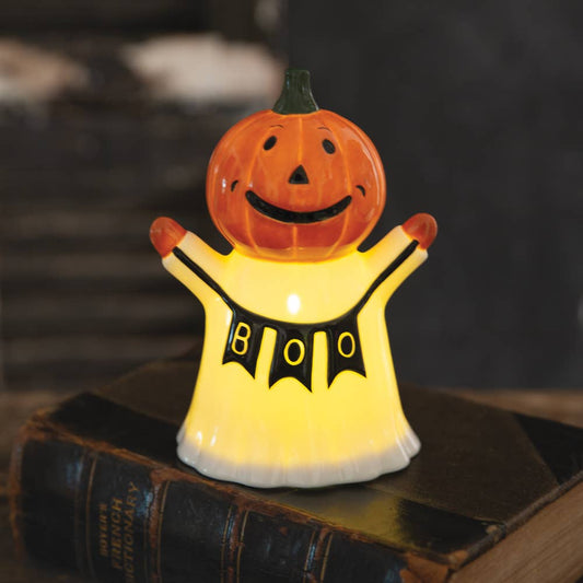 BOO Lighted Pumpkin Ghost Figurine