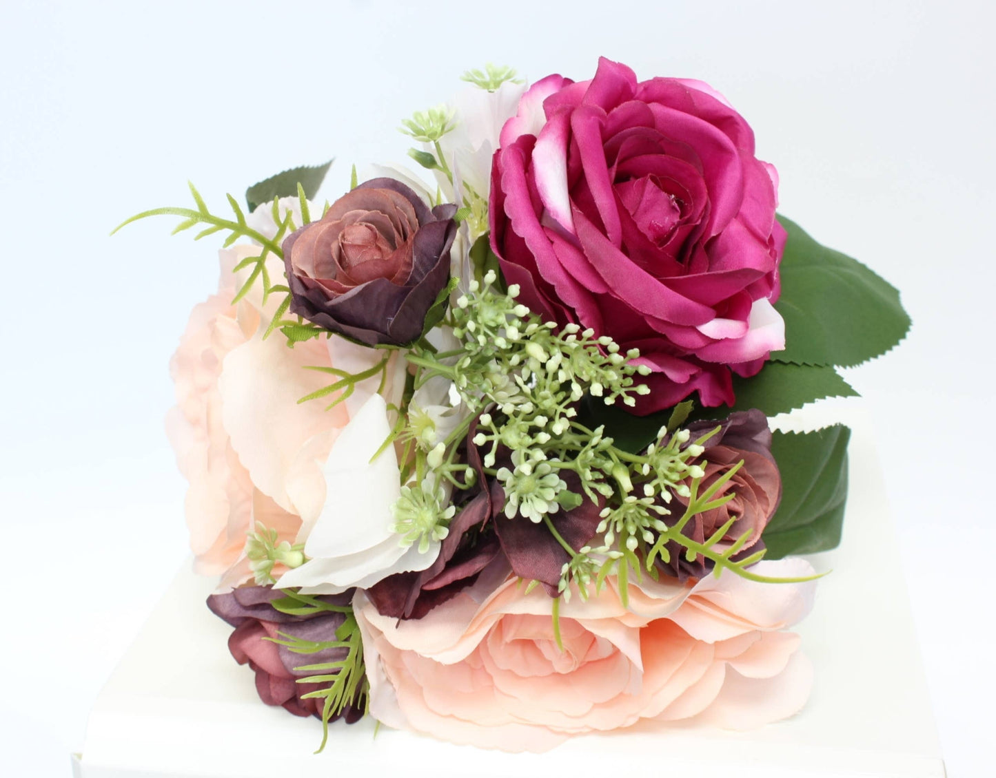 Classic Artificial rose hydrangea bouquet (Fushia, Ivory & Plum)