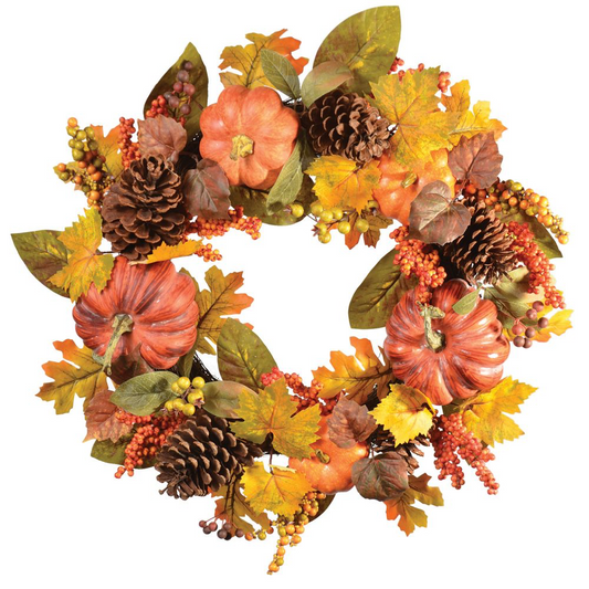 Pumpkin, Berries & Maple Wreath W/Pinecones 24" - Orange Mix