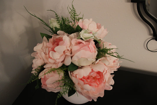 Blush Peony Faux Floral Arrangement in White Clay Vase