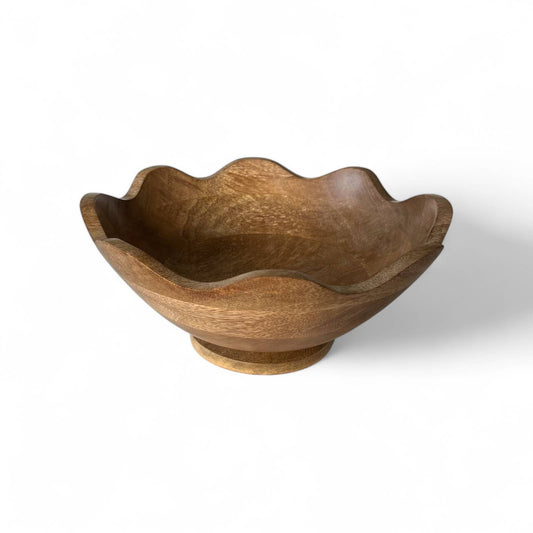 Scalloped Mango Wood Pedestal Bowl- 12in