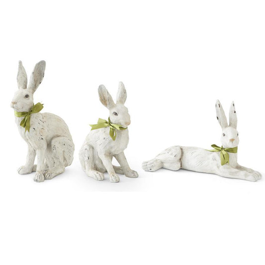 White Life Like Rabbits with Green Ribbon Bow (3 styles)