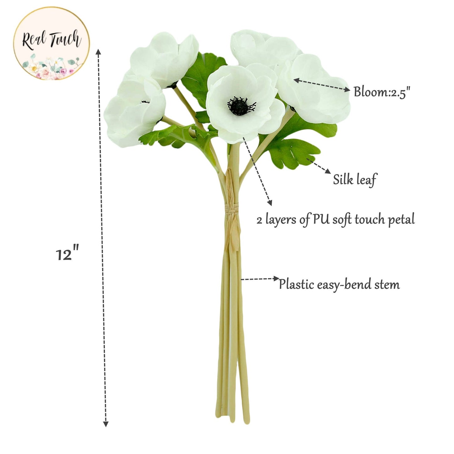 12"Real Touch Anemone-5 stem raffia tied (Multi-Color)