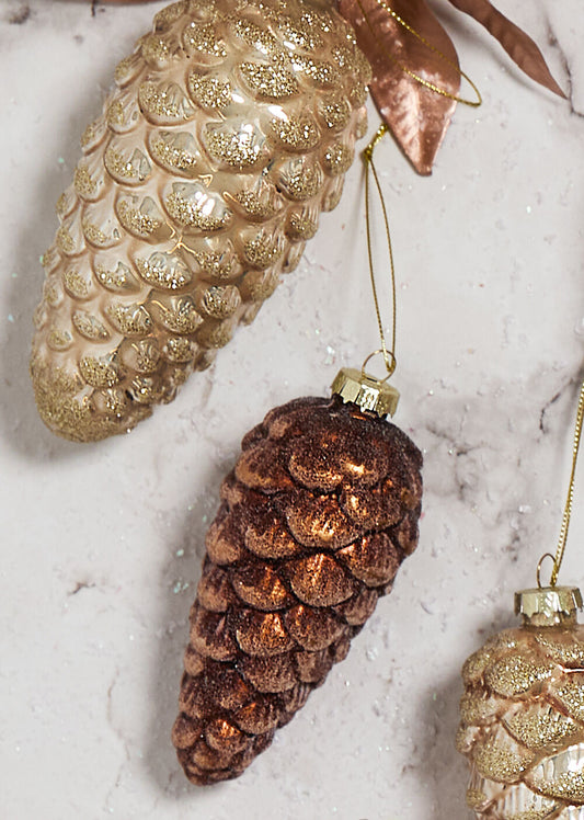 Frosted Pine Cone Ornaments - Brown and Gold (2 sizes)