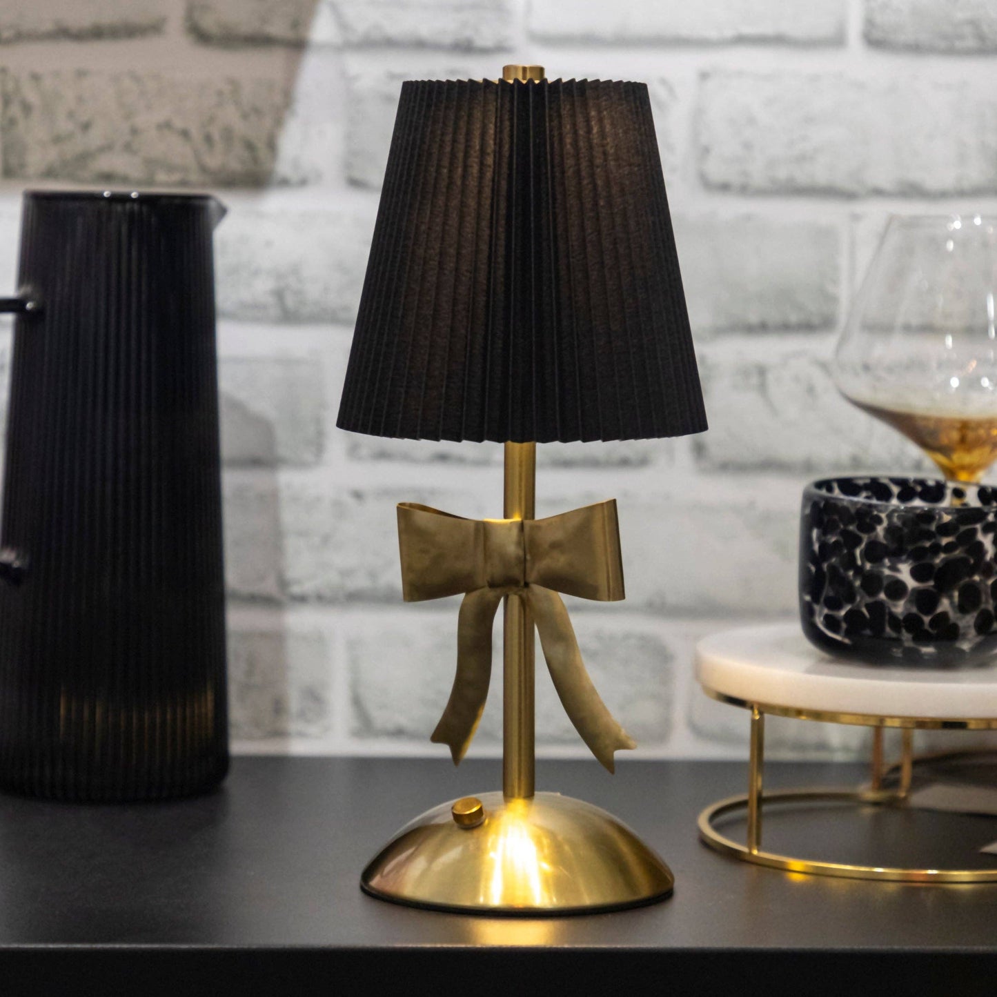 Black & Gold Pleated Rechargeable Table Lamp, 11.8"