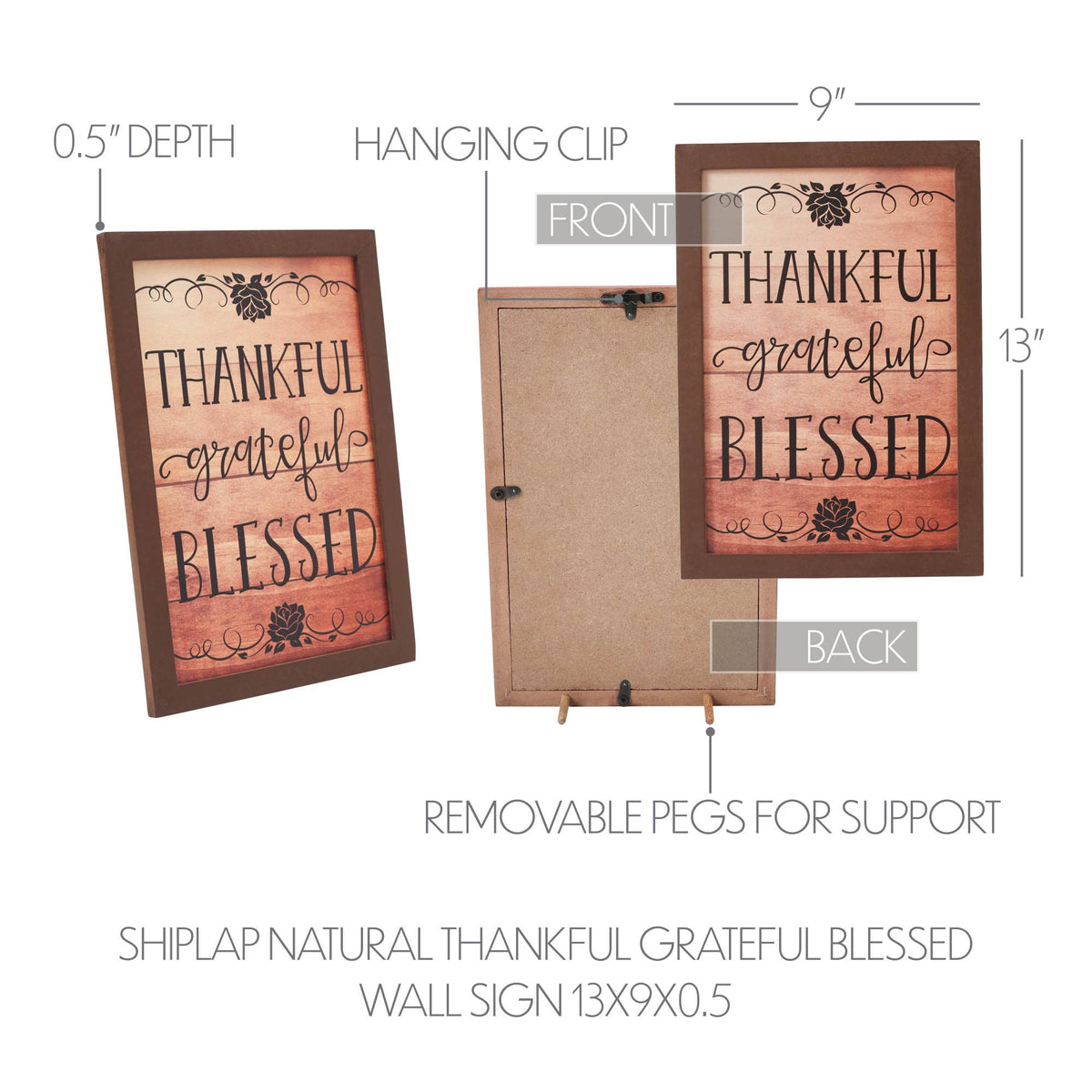 Thankful, Grateful, Blessed: Wood-Look Sign 13"