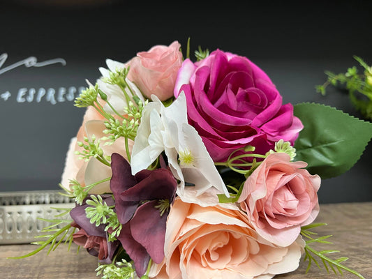 Classic Artificial rose hydrangea bouquet (Fushia, Ivory & Plum)