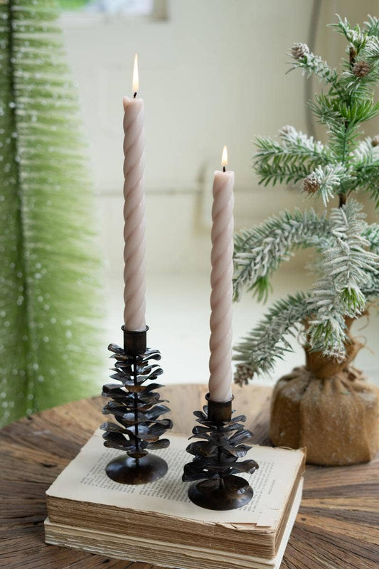 ANTIQUE BROWN PINE CONE TAPER CANDLE HOLDERS (set of 2)
