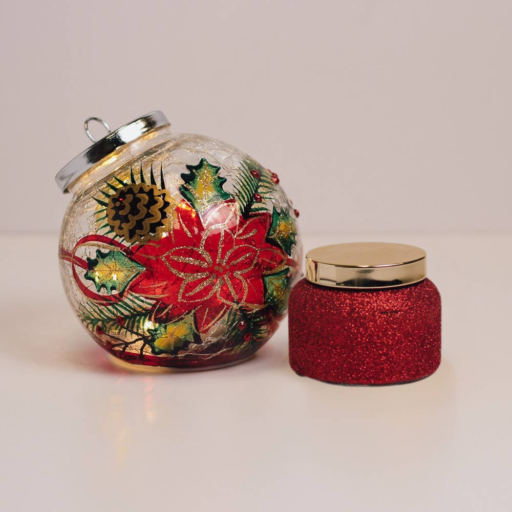 Poinsettia LED Ornament & Holiday Homecoming Candle Gift Set
