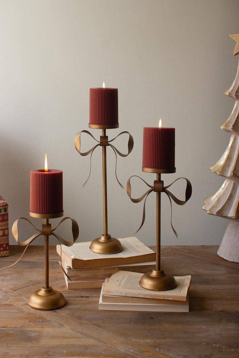 ANTIQUE BRASS PILLAR CANDLE STANDS -BOW DETAIL (set of 3)
