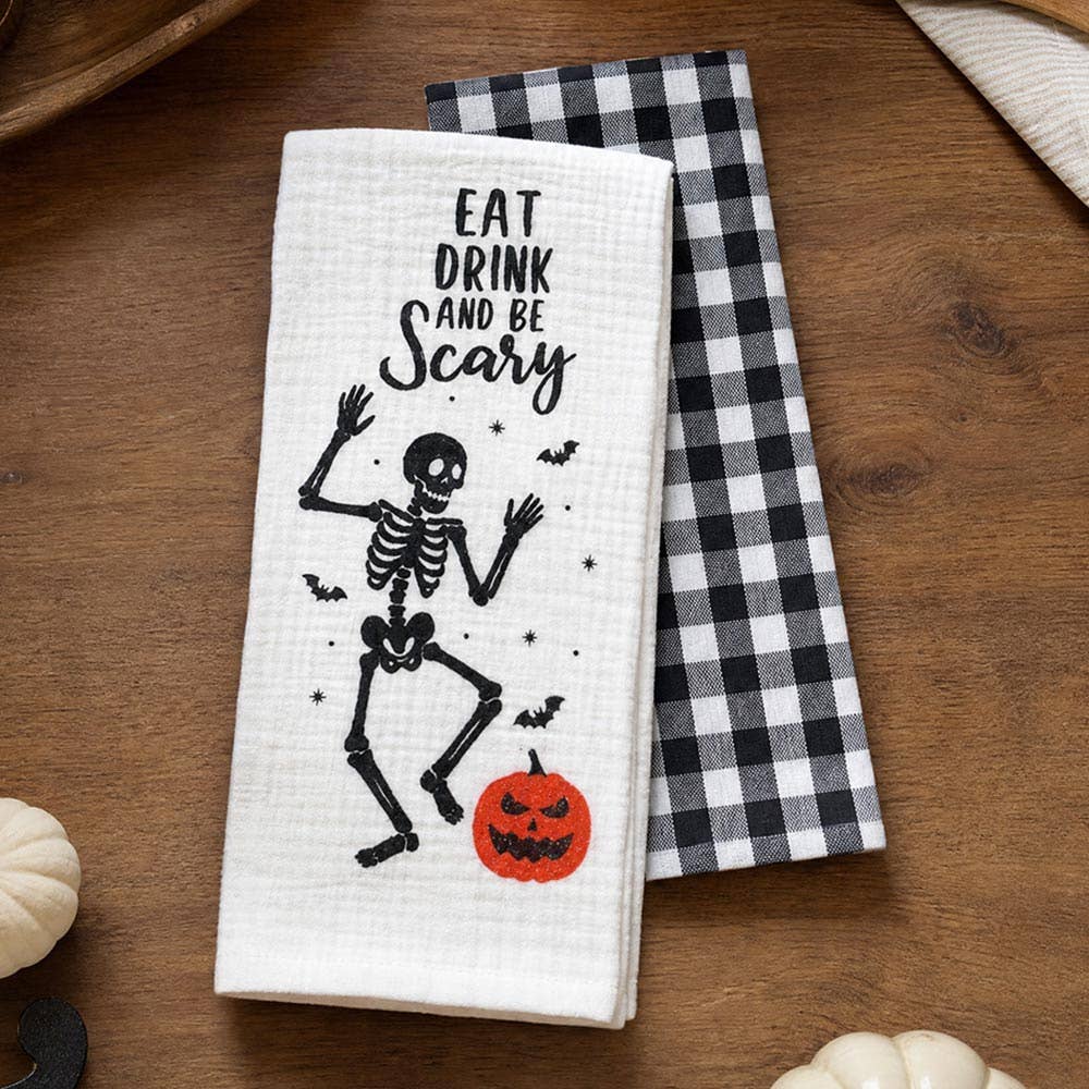 2PCS - Skeleton Pumpkin Eat Drink And Be Scary Message Checkered Pattern Kitchen Towel Set