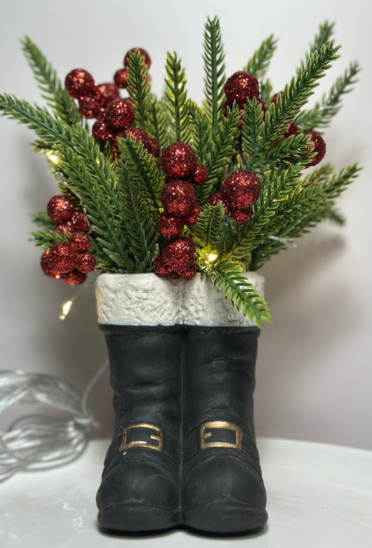 Santa Boot Holiday Arrangement w/ Glittered Berries