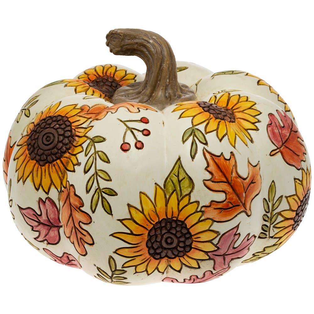 8" Dia Carved Sunflower Resin Pumpkin Fall