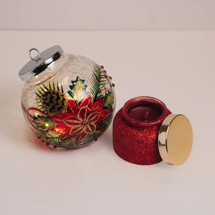 Poinsettia LED Ornament & Holiday Homecoming Candle Gift Set