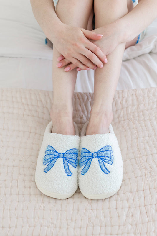 Fuzzy Plush Slippers with Blue Bow