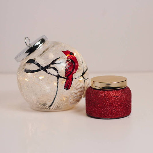 Snowy Cardinal LED Ornament & Holiday Homecoming Candle Gift Set