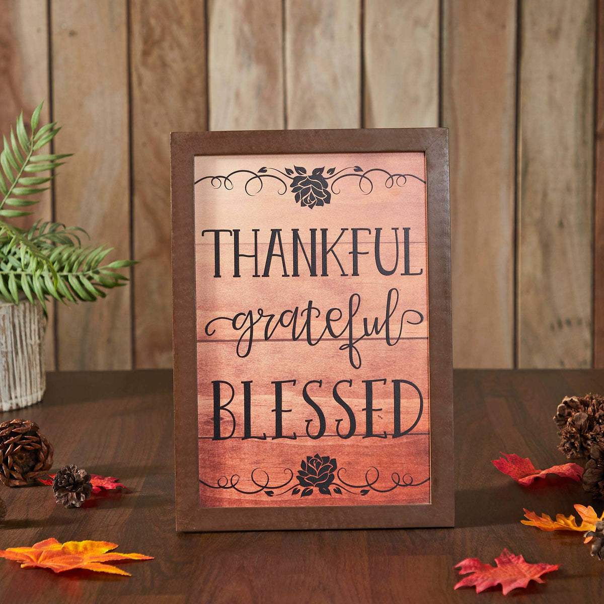 Thankful, Grateful, Blessed: Wood-Look Sign 13"