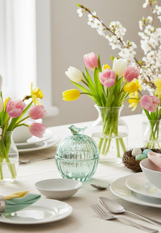Easter table setting with flowers, plates, and decorative items.