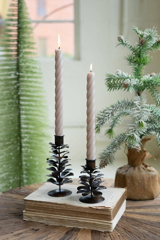 ANTIQUE BROWN PINE CONE TAPER CANDLE HOLDERS (set of 2)
