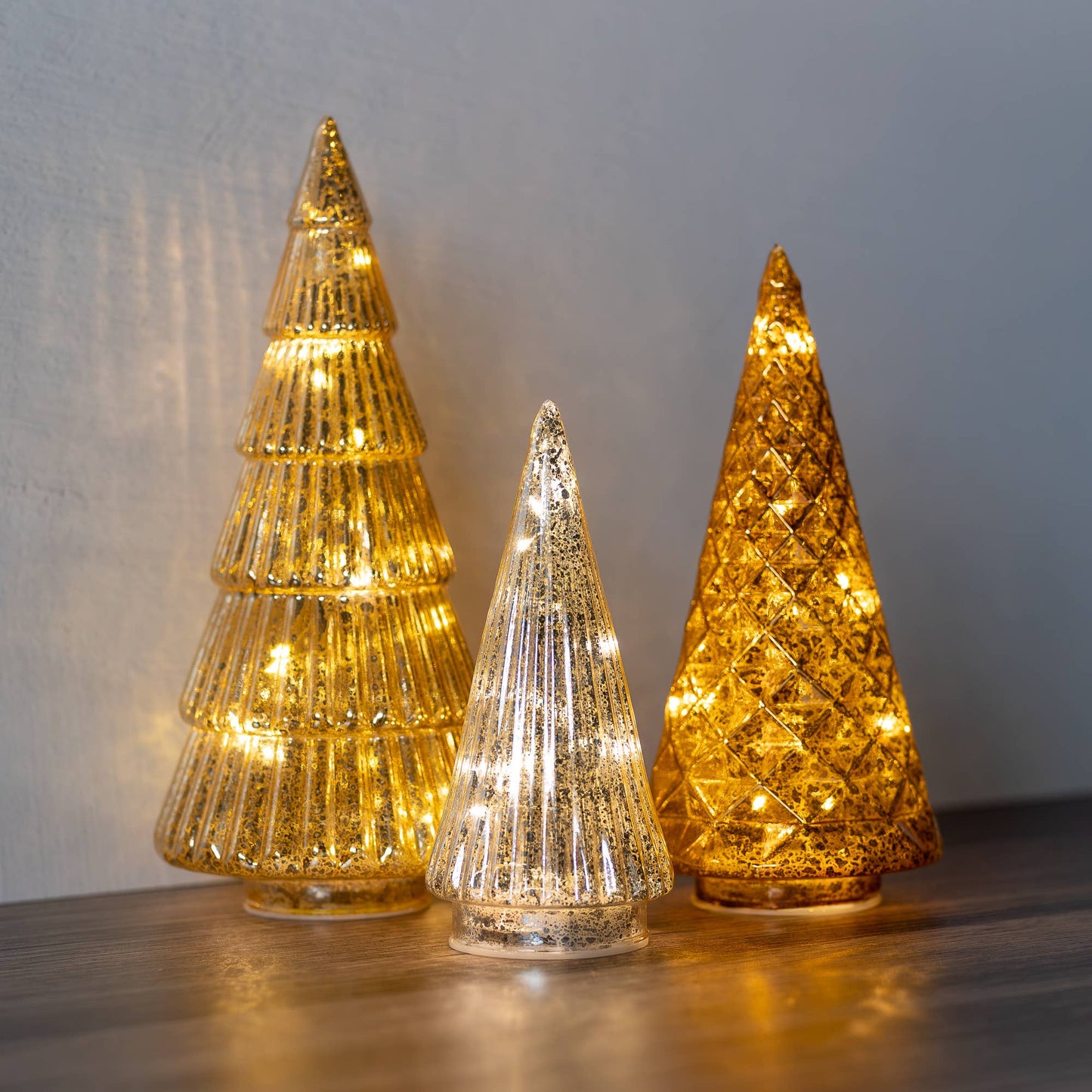 Battery-Operated Gold, Bronze & Silver Glass Trees (3 different sizes)