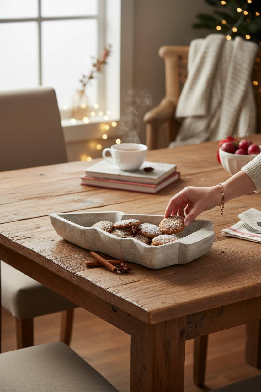 Christmas Tree Dough Bowl - White Wash -Small
