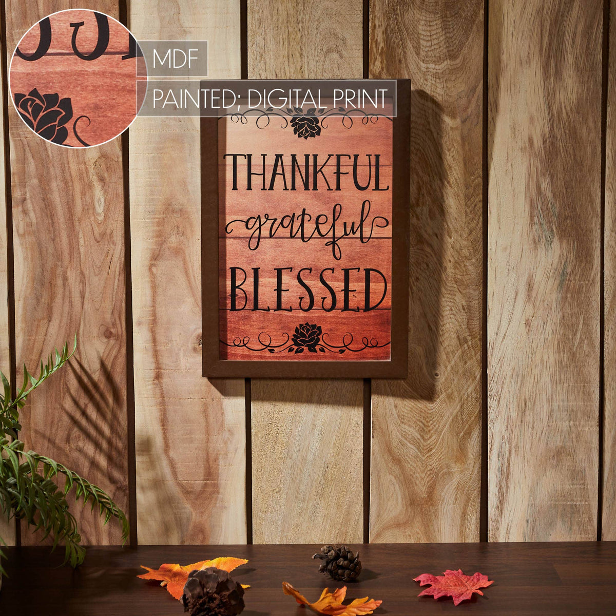Thankful, Grateful, Blessed: Wood-Look Sign 13"