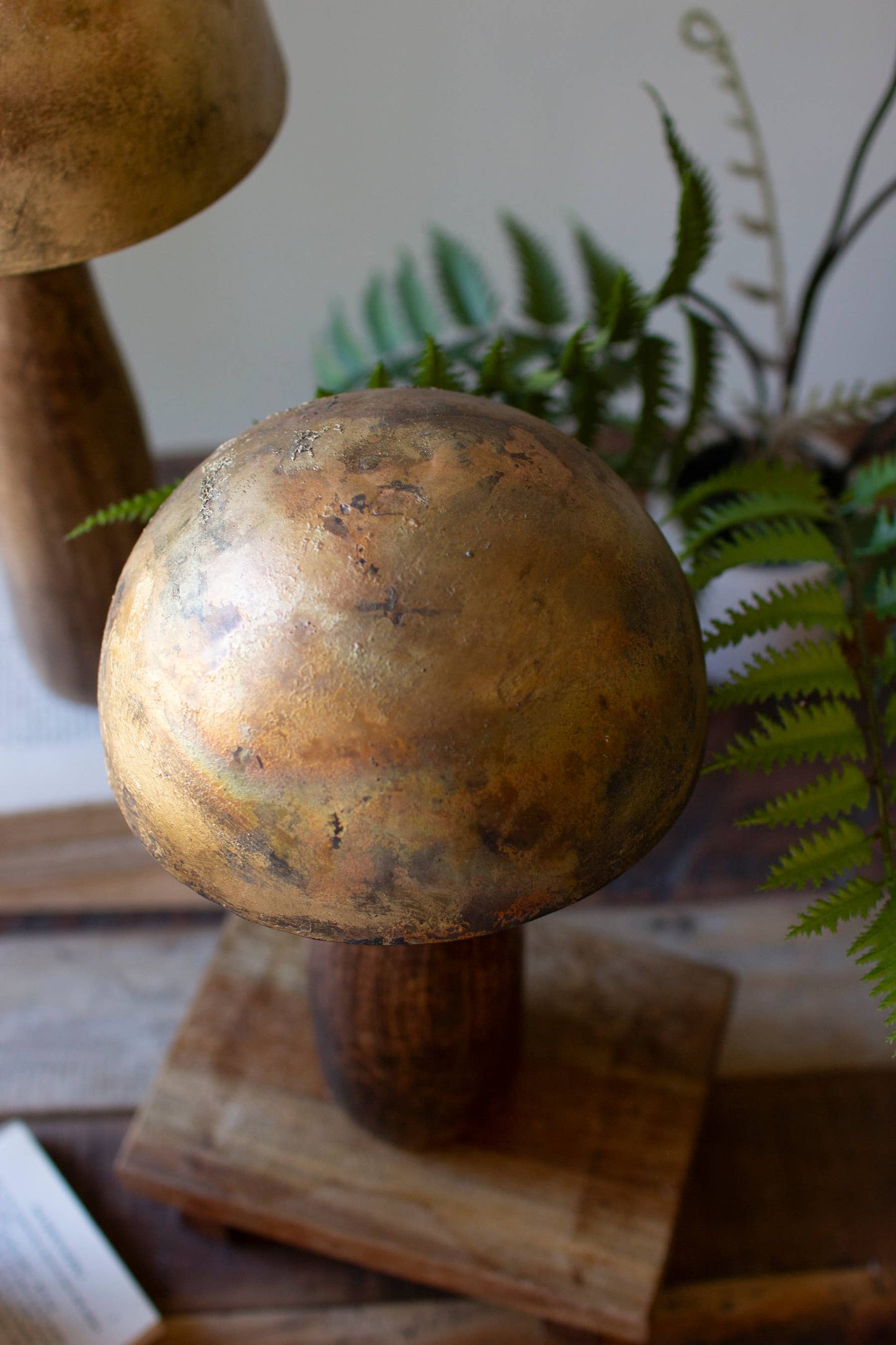 ANTIQUE BRASS MUSHROOMS WITH WOODEN BASES(Set Of 3)