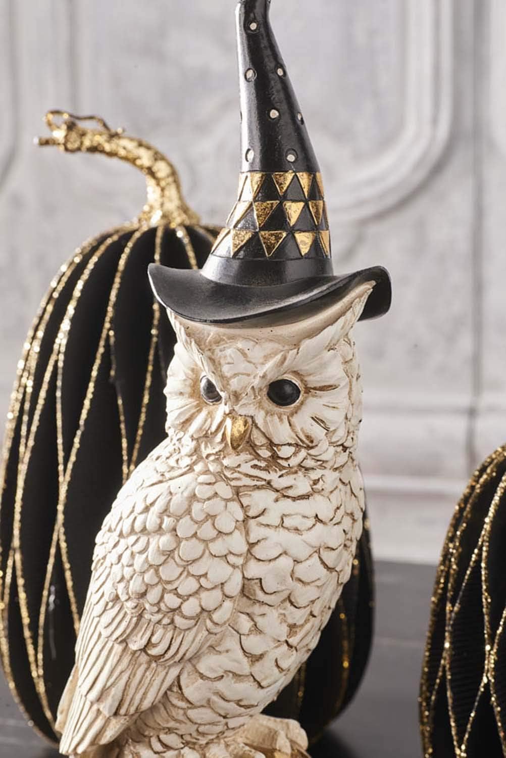 Owl w/Witch Hat standing on Pumpkin