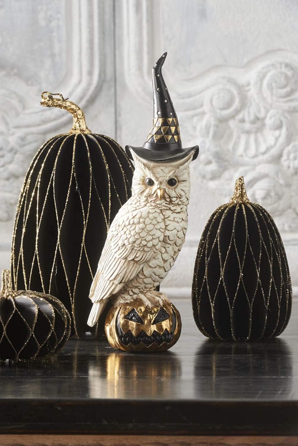 Owl w/Witch Hat standing on Pumpkin