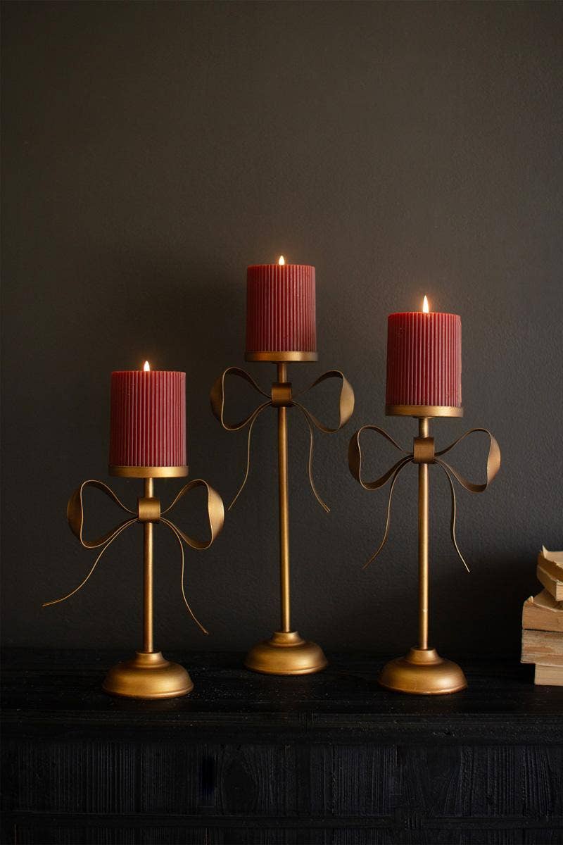 ANTIQUE BRASS PILLAR CANDLE STANDS -BOW DETAIL (set of 3)