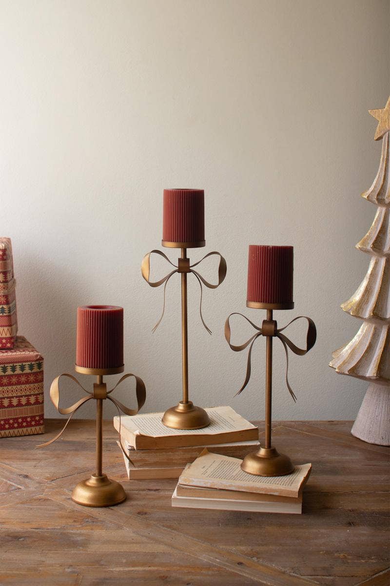 ANTIQUE BRASS PILLAR CANDLE STANDS -BOW DETAIL (set of 3)