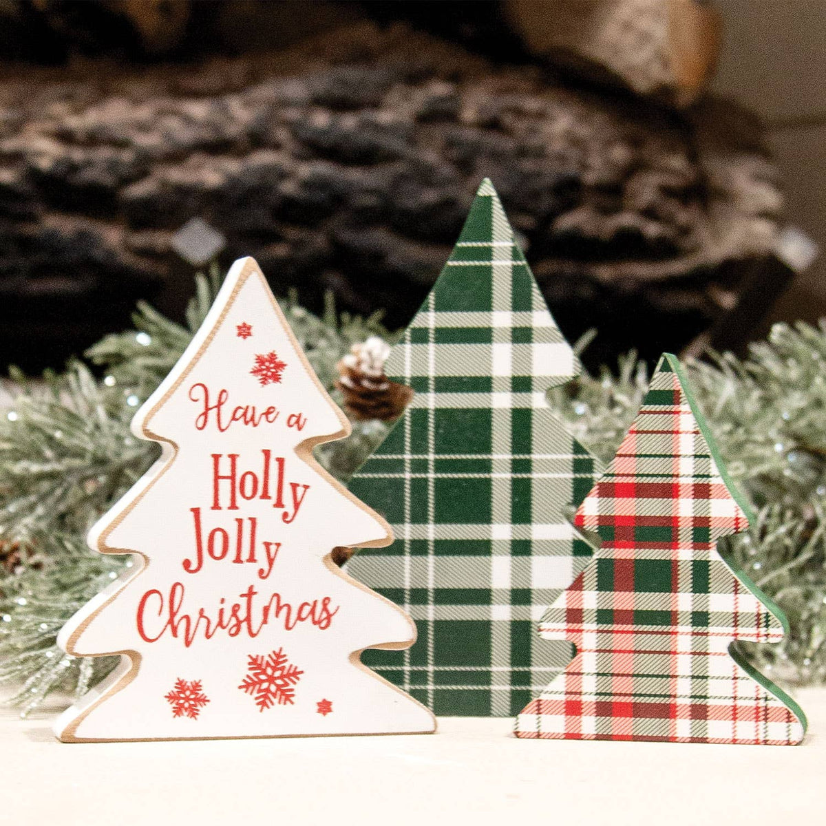 Wooden Holly Jolly Plaid Christmas Trees (Set of 3)