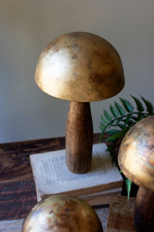 ANTIQUE BRASS MUSHROOMS WITH WOODEN BASES(Set Of 3)