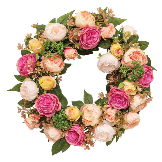 Mixed Cabbage Rose Wreath - 22"