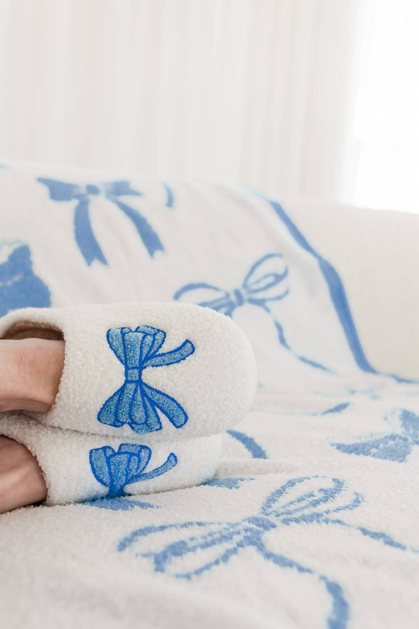Fuzzy Plush Slippers with Blue Bow