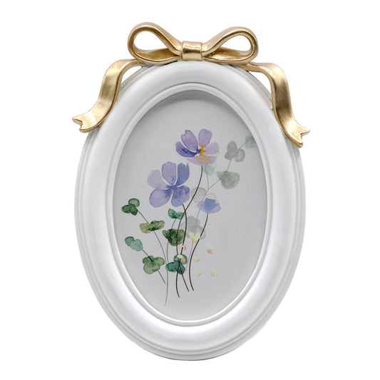 White Oval Picture Frame with Gold Bow Accent, 5x7