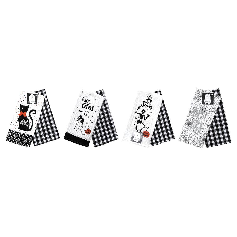 2PCS - Cat Silhouette Hocus Pocus Message Checkered Pattern Kitchen Towel Set