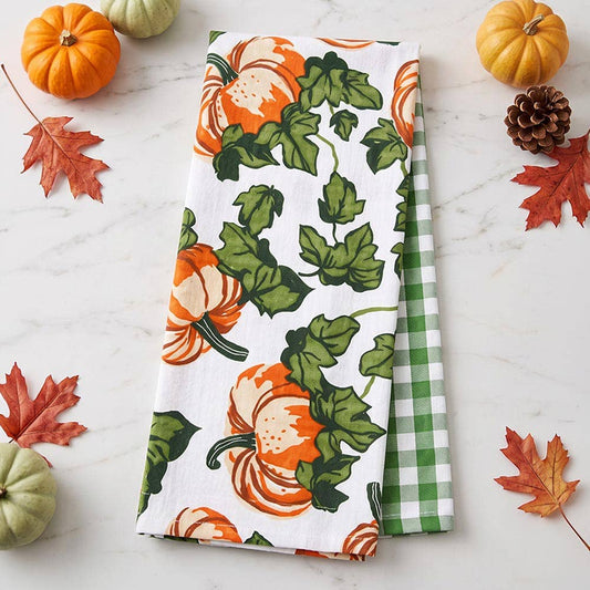2PCS - Pumpkin Vine Print Checkered Pattern Kitchen Towel Set