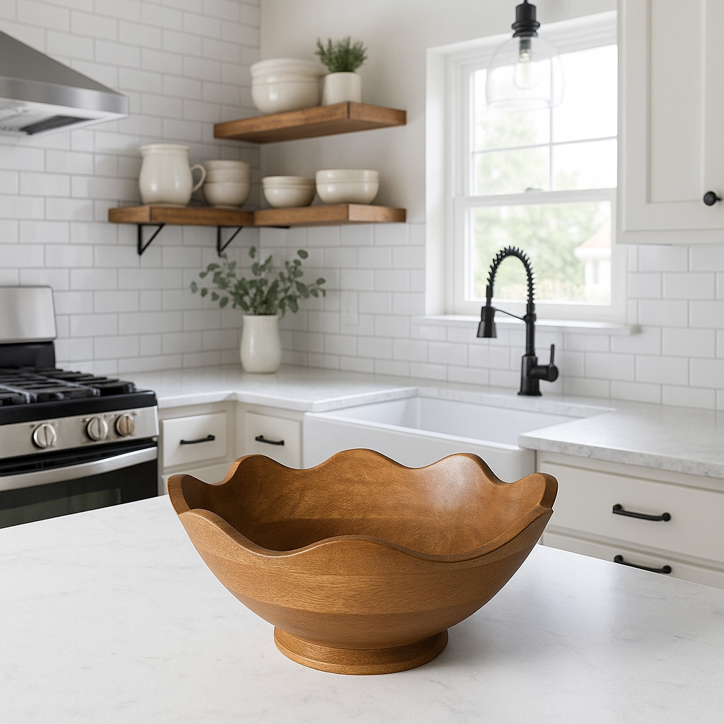 Scalloped Mango Wood Pedestal Bowl- 12in