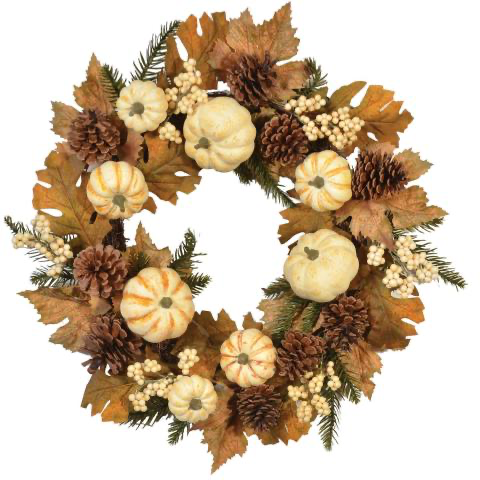 Mixed Oak Leaf, Pumpkin & Pinecone Wreath 22" - Cream/Brown