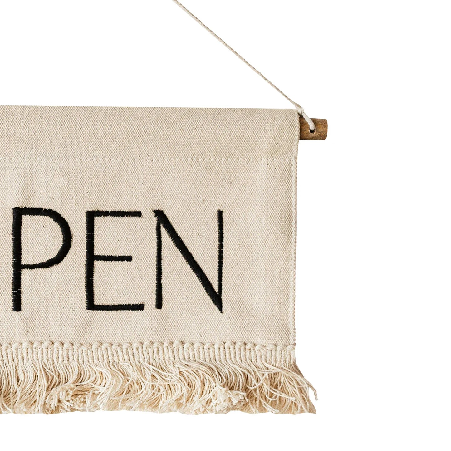 CLAUDIA COTTON EMBROIDERED HANGING OPEN/CLOSED SIGN W/ FRINGE