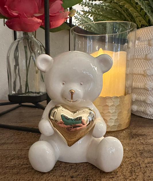 Ceramic Bear Holding Gold Heart