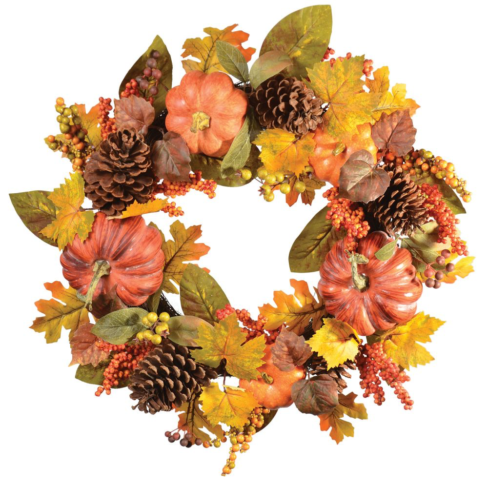 Pumpkin, Berries & Maple Wreath W/Pinecones  24" - Orange Mix