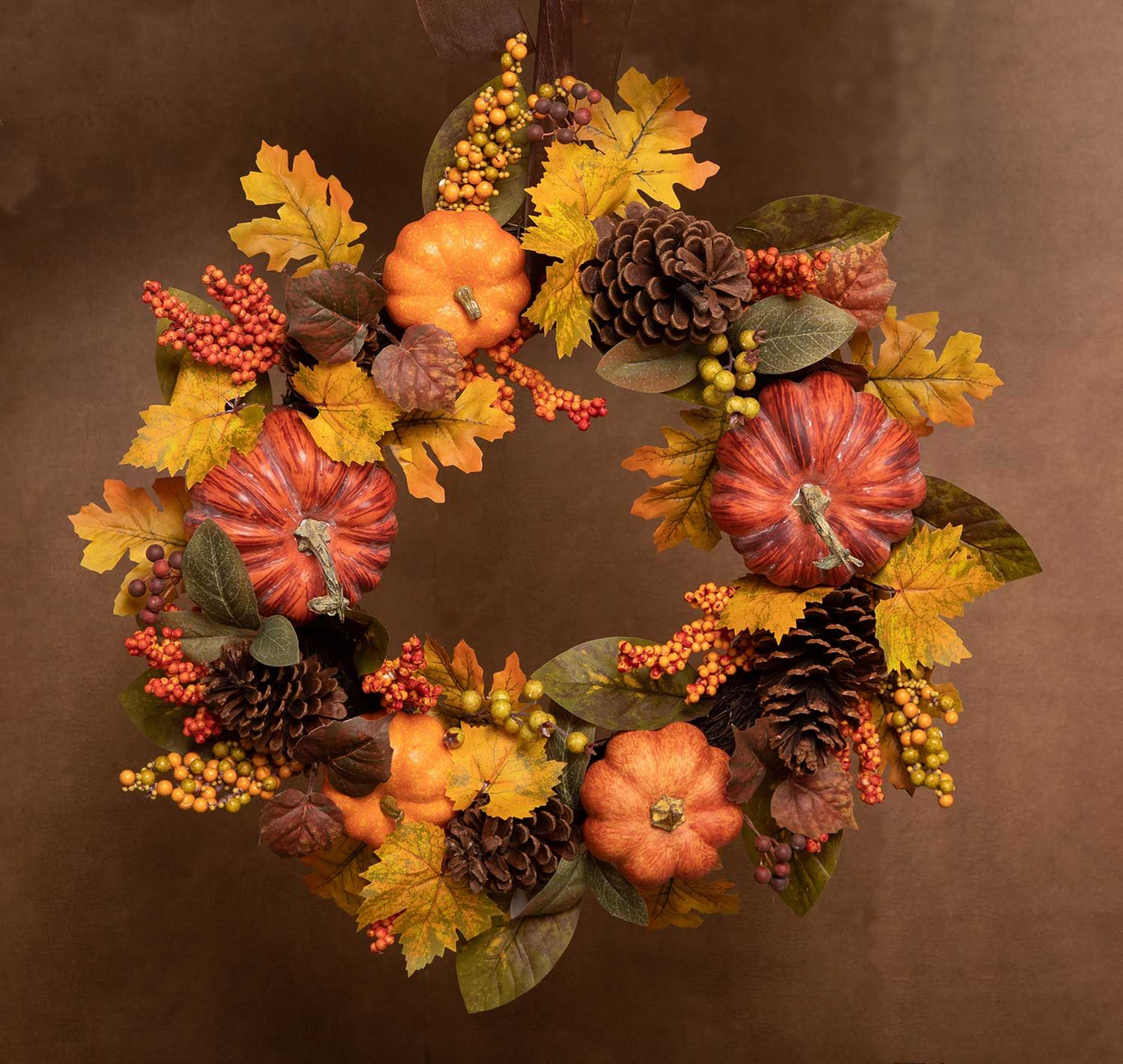 Pumpkin, Berries & Maple Wreath W/Pinecones  24" - Orange Mix