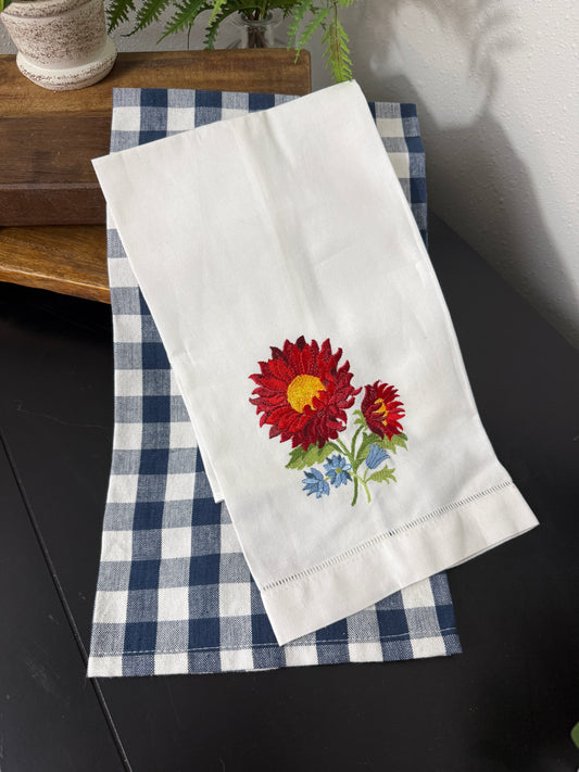 White with Red Floral accent Hemstitch & Blue Gingham Towel Set