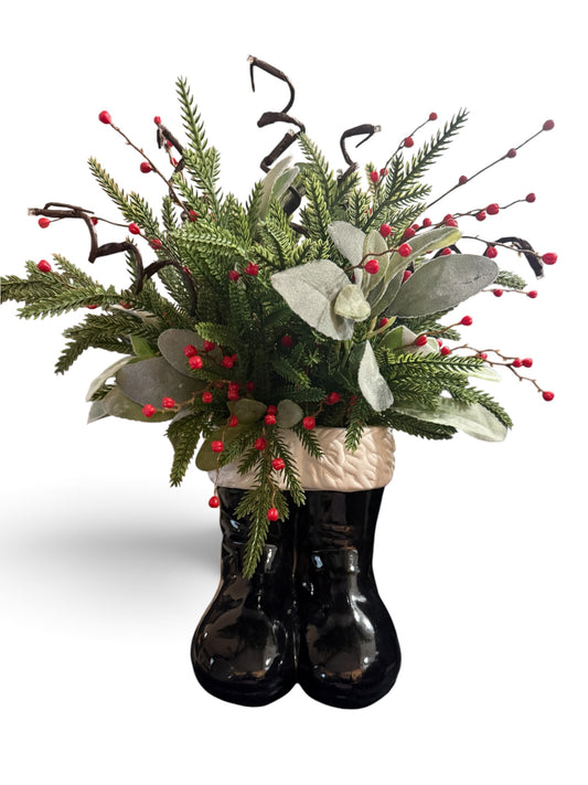 Medium Santa Boot Holiday Arrangement w/ Curly lights
